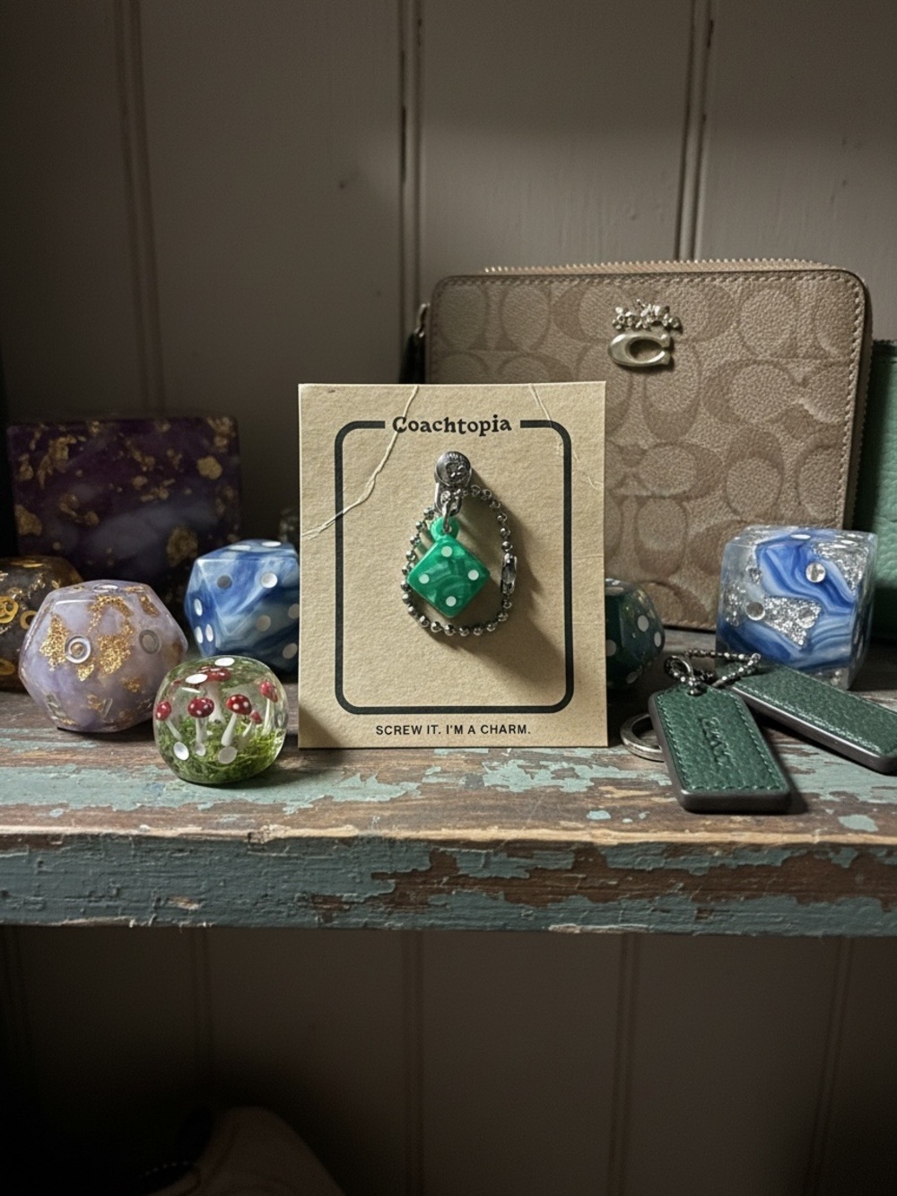 Coachtopia Dice Silver Clip Bag Charm with Green Marbled Resin Pendant RARE
NWT